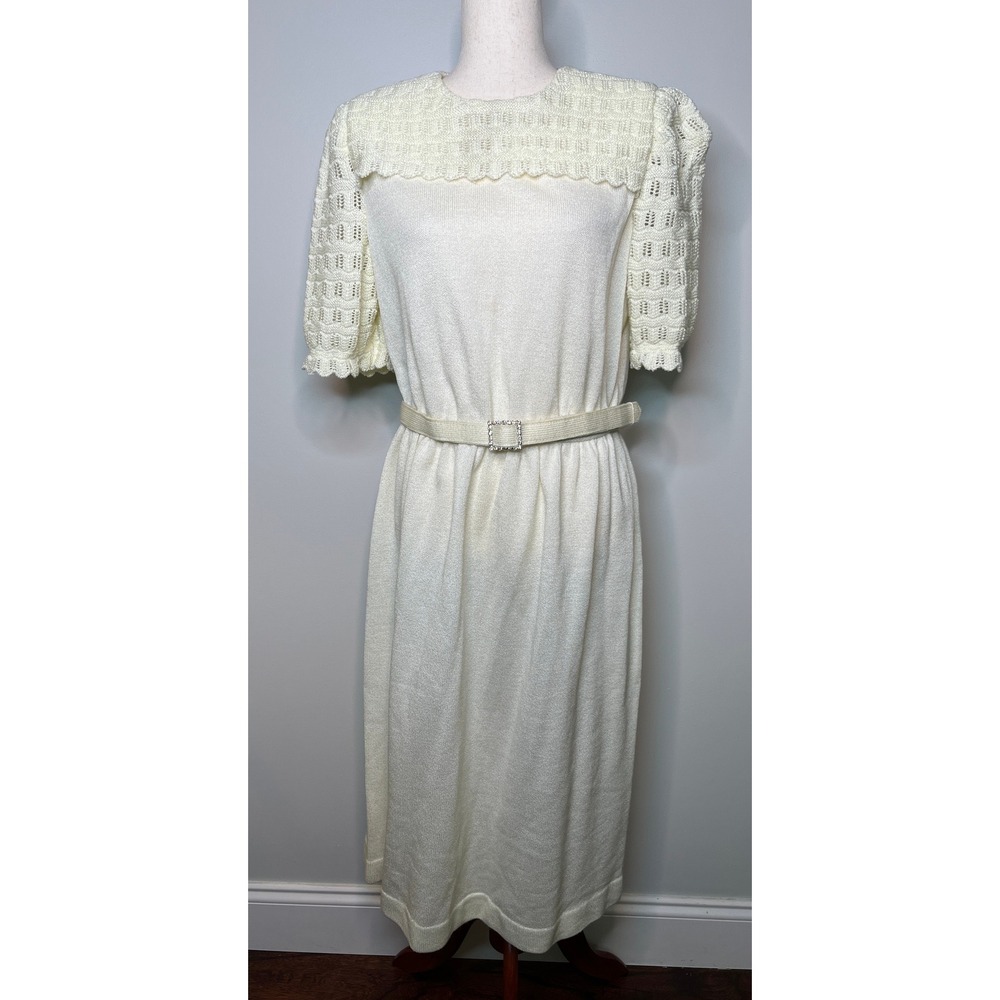 1970s Leslie Fay Cream Lace Romantic Minimalist Coquette Cottage Midi Dress XL